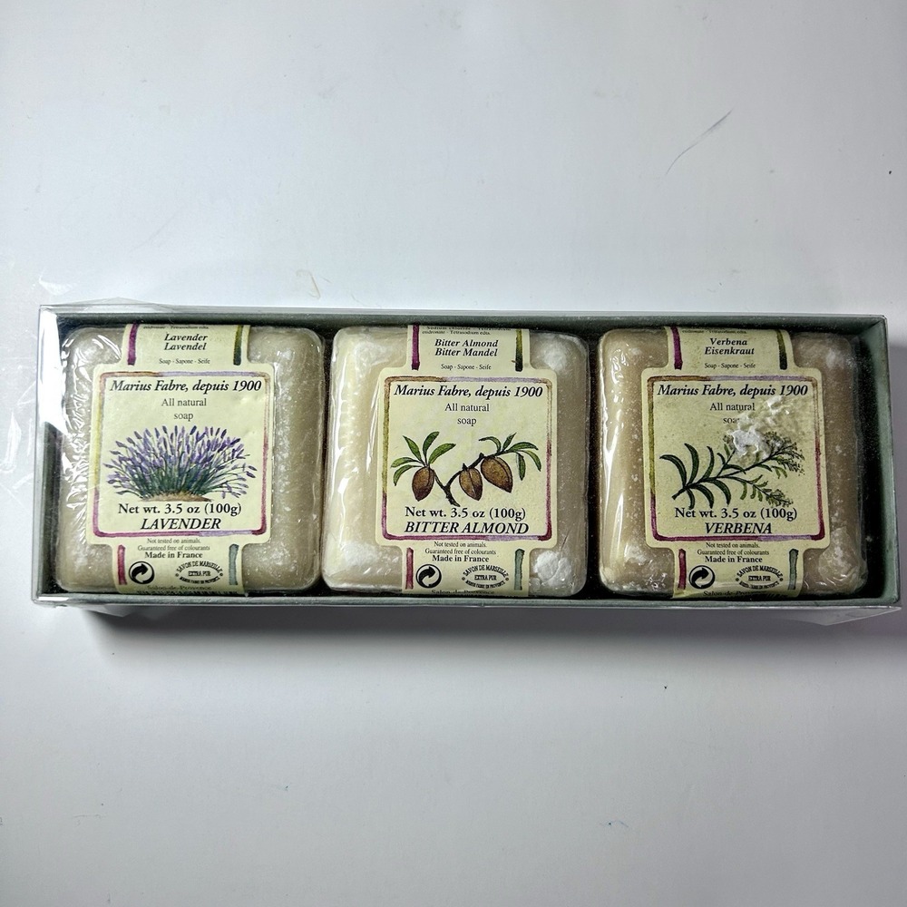 Marius Fabre French Marseille Bar Soap Lavender Bitter Almond Verbena 3-Pack